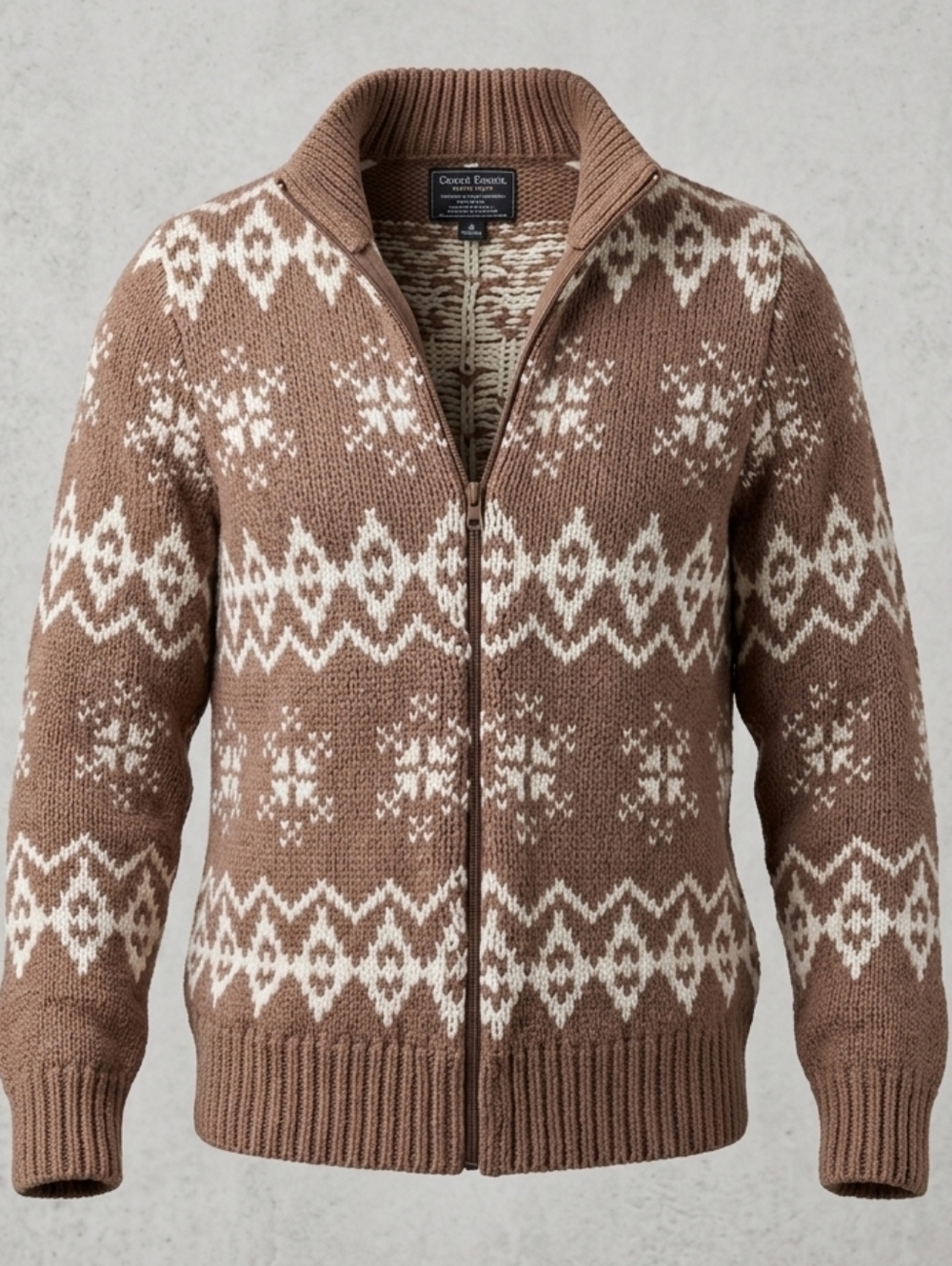New York And Company Fair Isle Snowflake Chunky Tan Full Zip Sweater Cardigan M